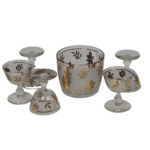 Libbey Golden Foliage 22K Gold Leaf Design Frosted Ice Bucket & Glasses - Picture 2 of 16